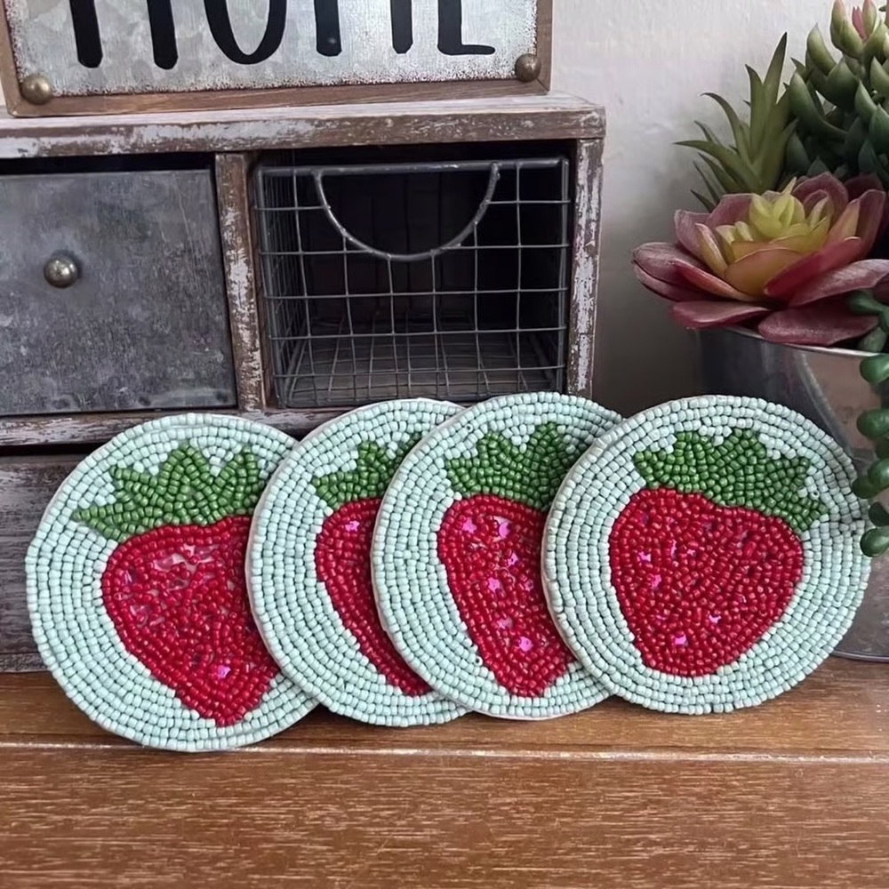 New Set of 4 Strawberry Beaded Coaster Set